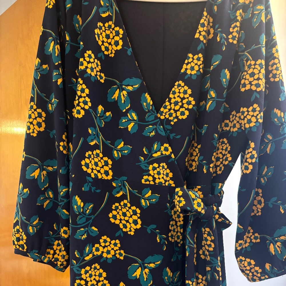 J.Crew Floral Wrap Dress – Size 14 – Navy with Yellow & Green Print